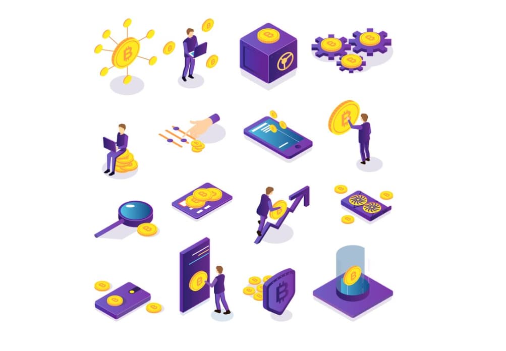 Isometric vector illustration of various cryptocurrency concepts with people