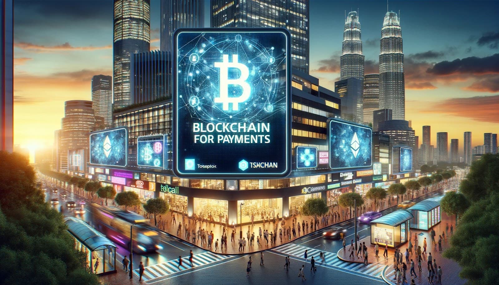 Sign with Bitcoin logo and the words "Blockchain for Payments"