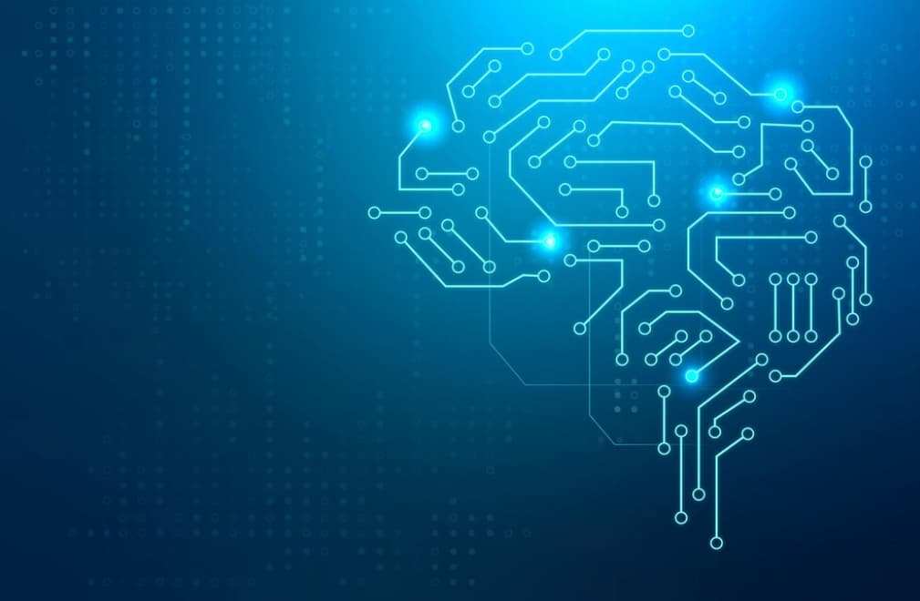  Digital brain concept with circuit patterns on a blue technological background
